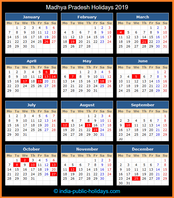 Madhya Pradesh Holiday Calendar 2019